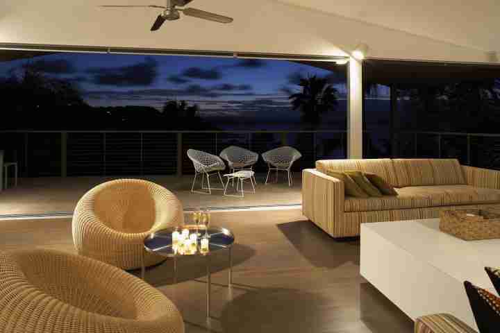 Byron Bay Villa Lounge Modern Living Space with Australia Beach View at Nighttime