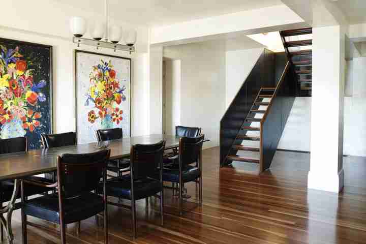 Gaelforce Dining and Stairs. Gaelforce Accommodation Open Plan Kitchen and TV, Luxury Holiday Accommodation NSW Australia