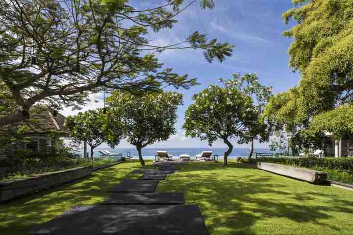 Garden path leading to infinity pool, bordered with native Indonesian Trees
