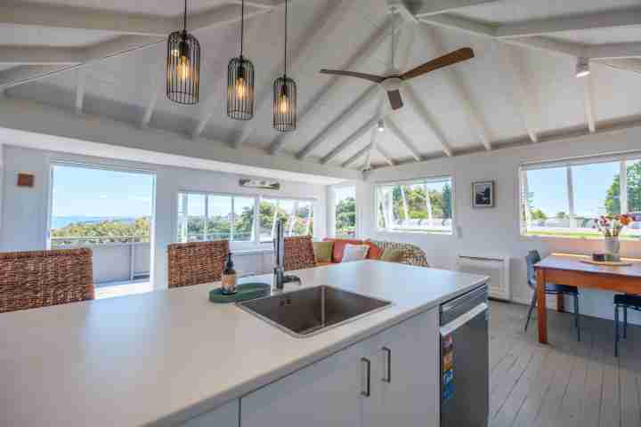 Gulf Island Views Kitchen bench and high ceilings