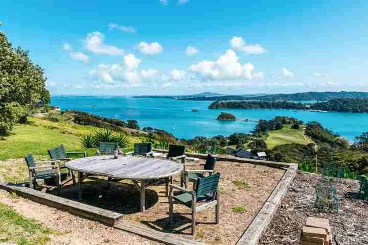 Outdoor seating for entertaining guests and family with unlimited sea views on Waiheke Island