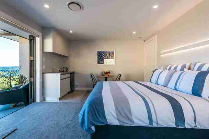Open plan double room with kitchenette and outdoor access at Te Whau Apartment