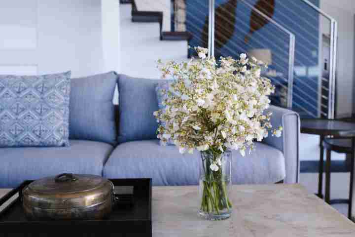 Whale Beach House Lounge Living Space Decor, featuring white flowers and luxury blue couch
