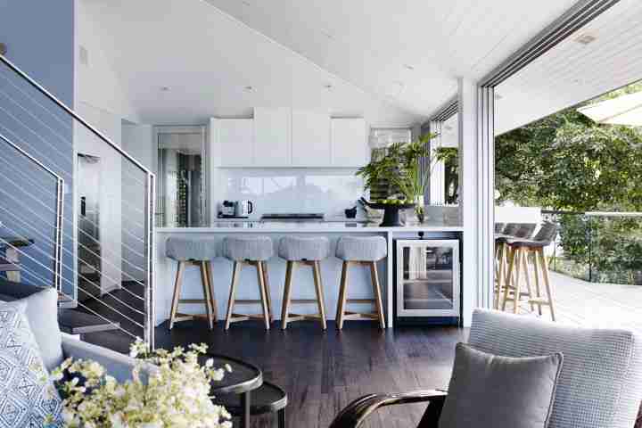 Whale Beach House Open Plan Kitchen and Living Spaces with Breakfast bar and large sunny deck space